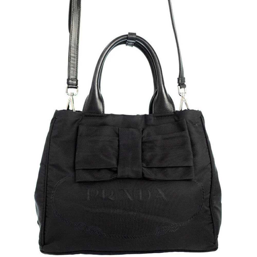 Prada Tessuto 2way handbag tonal bow embossed logo Black